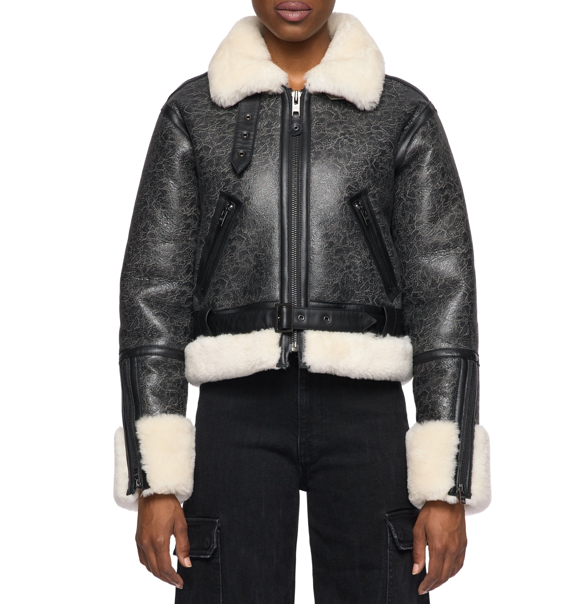 Avirex Cropped Shearling Leather Aviator Jacket (Women's)