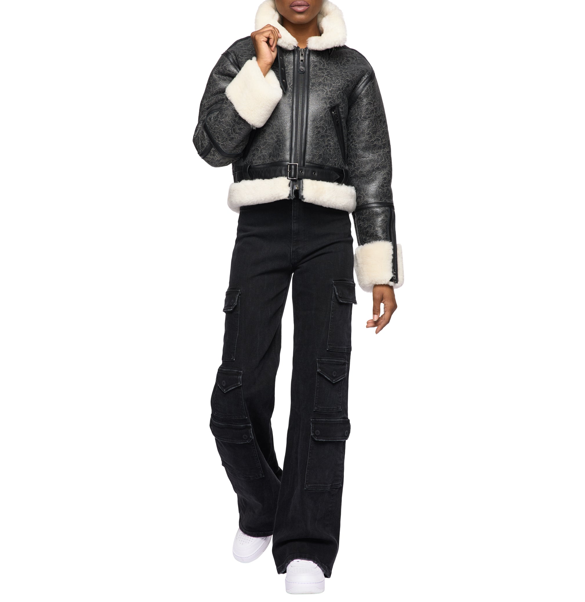 Avirex Cropped Shearling Leather Aviator Jacket (Women's)