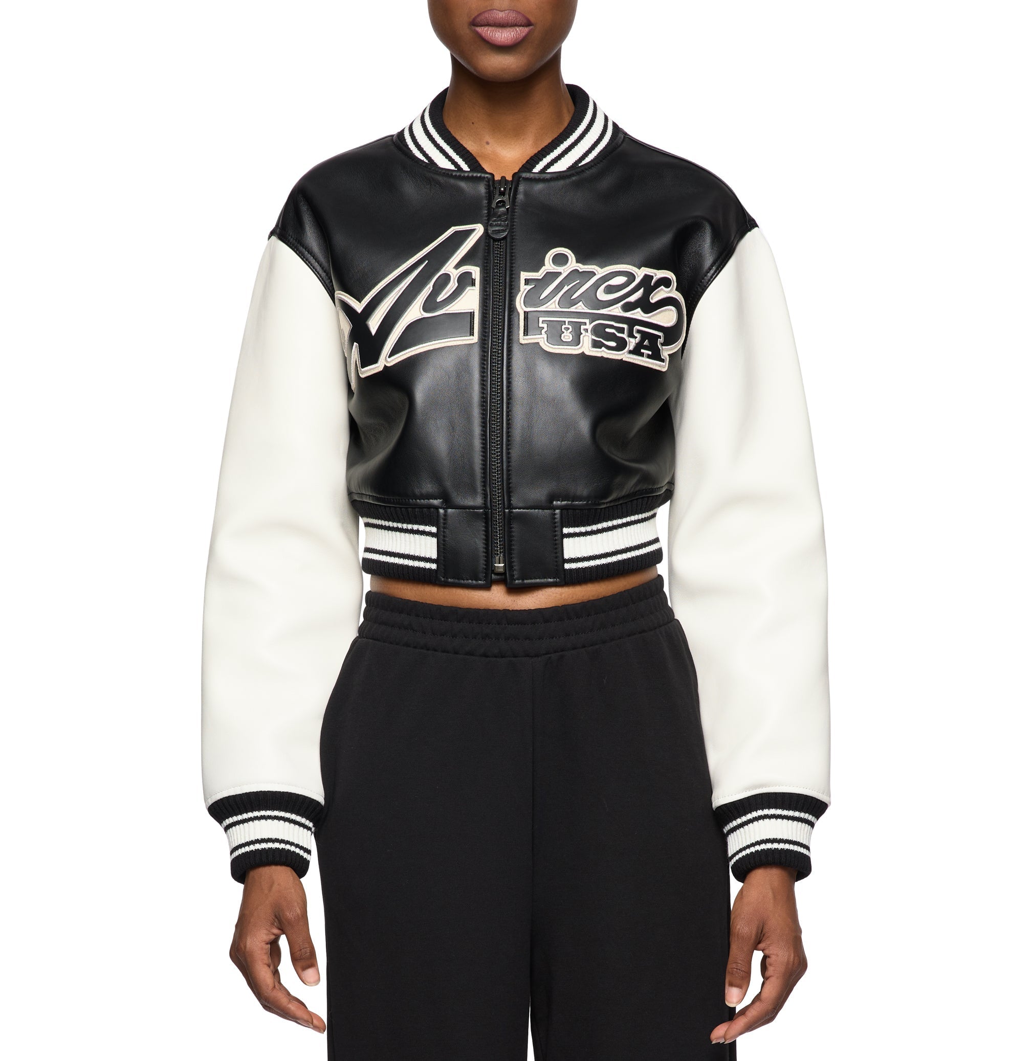 Avirex Cropped Script Leather Varsity Jacket (Women's)