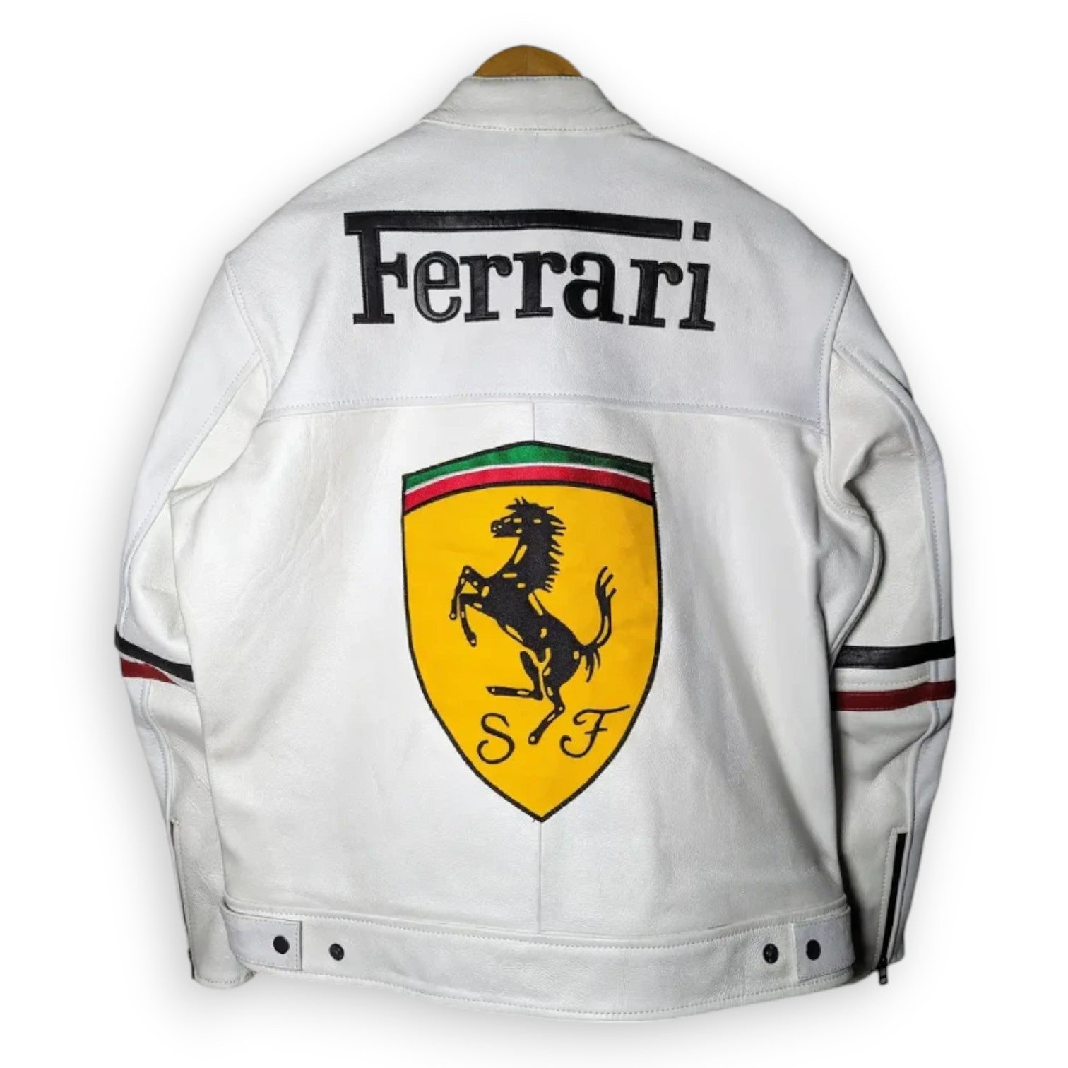Men's Vintage Ferrari White Leather Racing Jacket – Real Cowhide Moto F1 Style