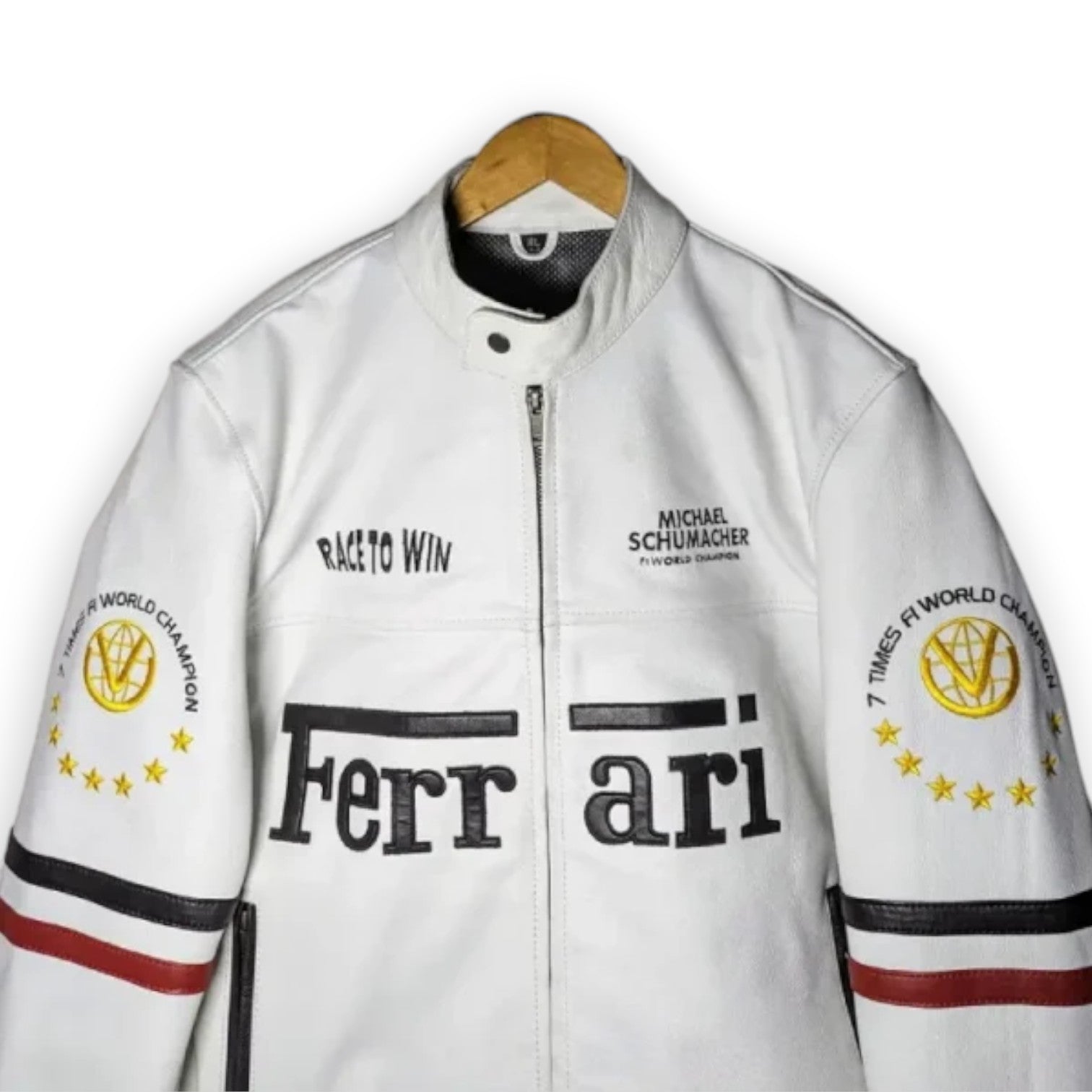 Men's Vintage Ferrari White Leather Racing Jacket – Real Cowhide Moto F1 Style