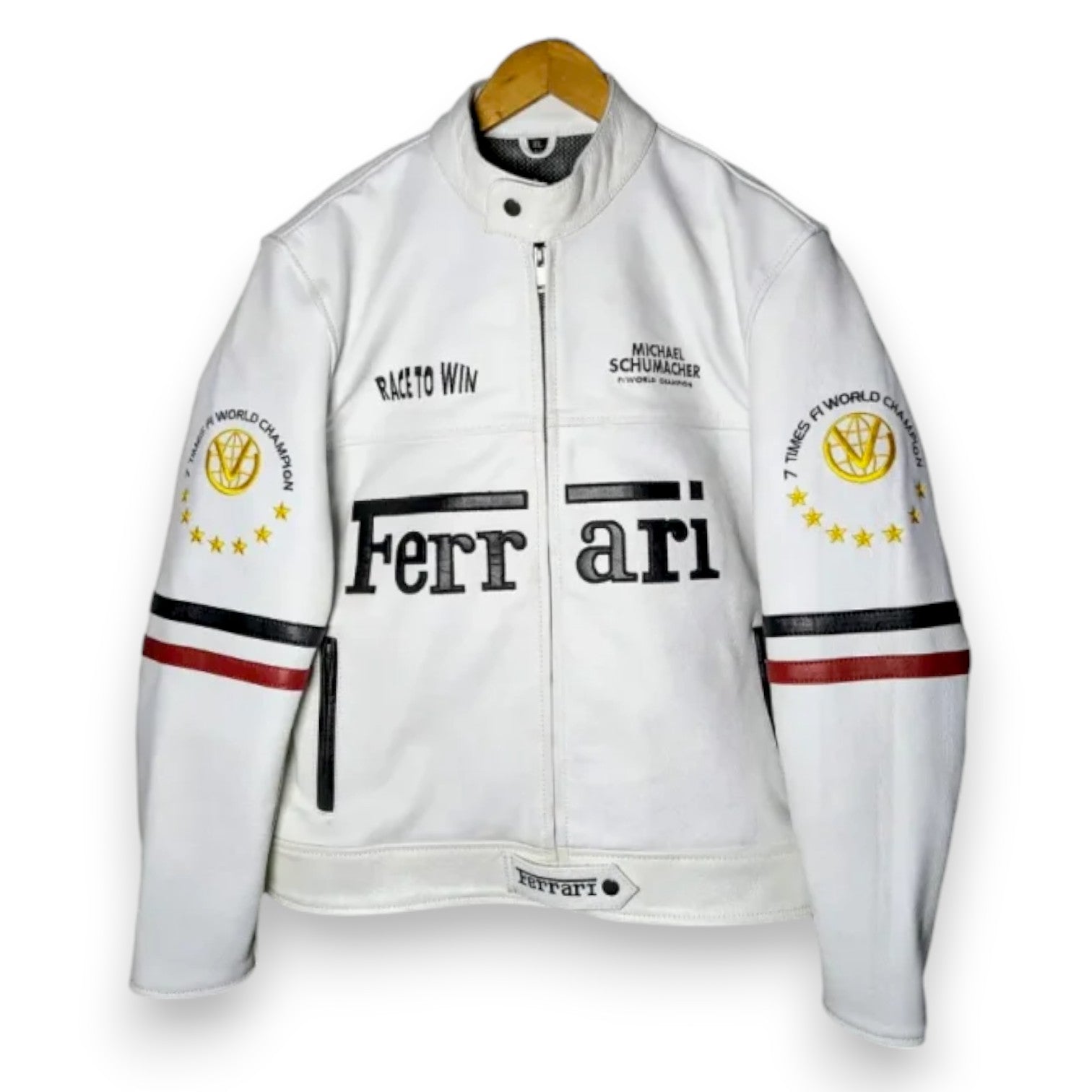 Men's Vintage Ferrari White Leather Racing Jacket – Real Cowhide Moto F1 Style