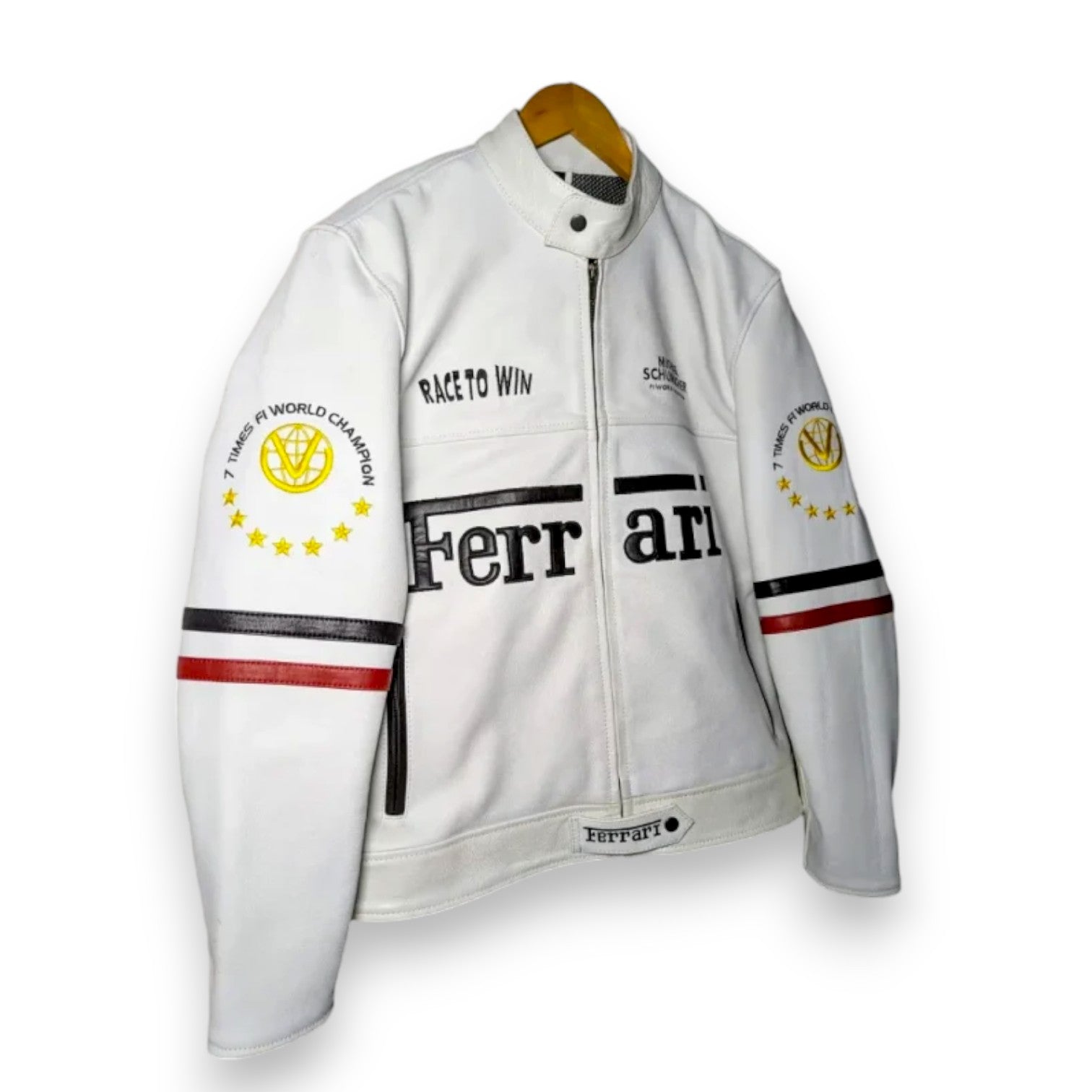 Men's Vintage Ferrari White Leather Racing Jacket – Real Cowhide Moto F1 Style