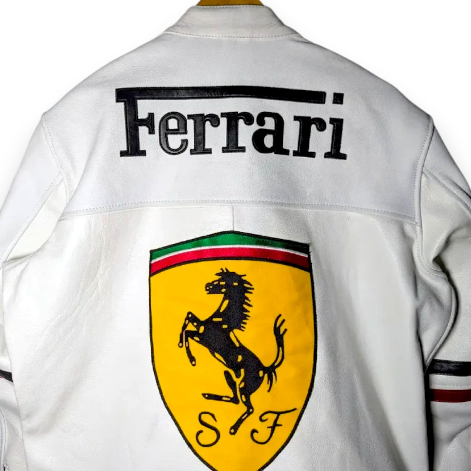 Men's Vintage Ferrari White Leather Racing Jacket – Real Cowhide Moto F1 Style