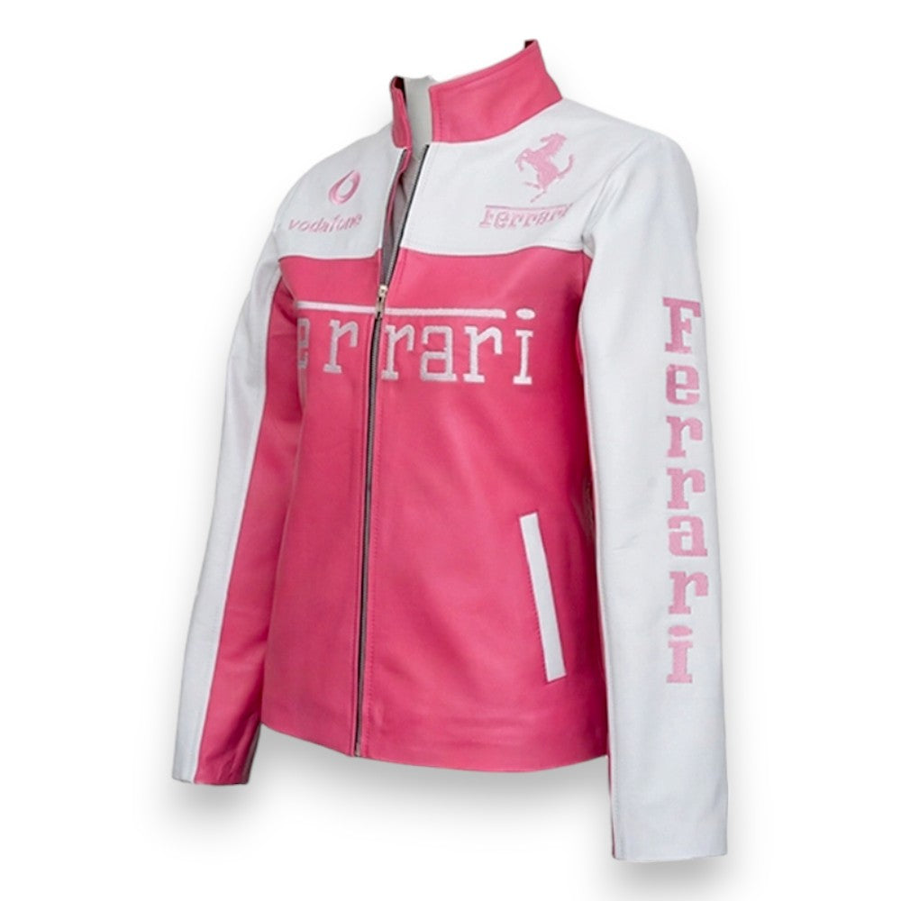 Women's Ferrari Pink & White Leather Jacket – Premium Biker Streetwear