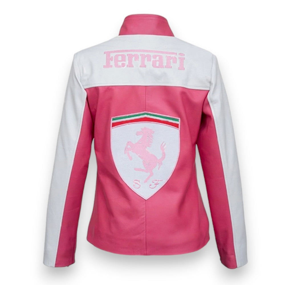 Women's Ferrari Pink & White Leather Jacket – Premium Biker Streetwear