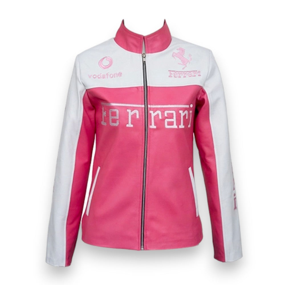 Women's Ferrari Pink & White Leather Jacket – Premium Biker Streetwear