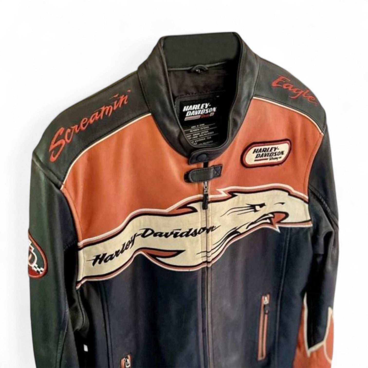 Harley-Davidson Orange Screamin’ Eagle Leather Jacket – 100% Real Cowhide with Triple Vent System