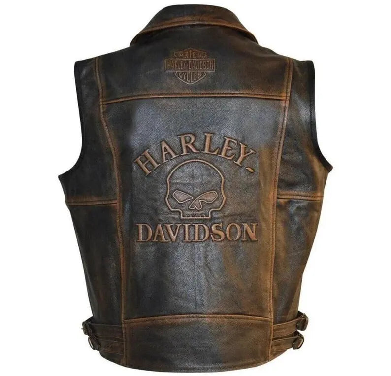 Harley-Davidson Men’s Knuckle Distressed Biker Leather Vest – Genuine Brown Cowhide