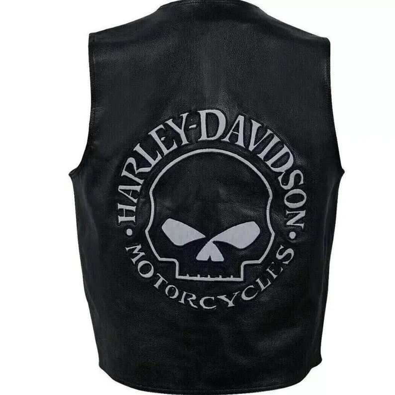 Harley-Davidson Men’s Reflective Skull Leather Vest – Black Café Racer Style