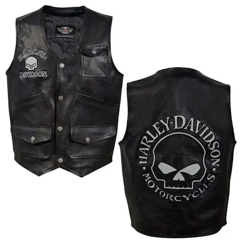 Harley-Davidson Men’s Reflective Skull Leather Vest – Black Café Racer Style