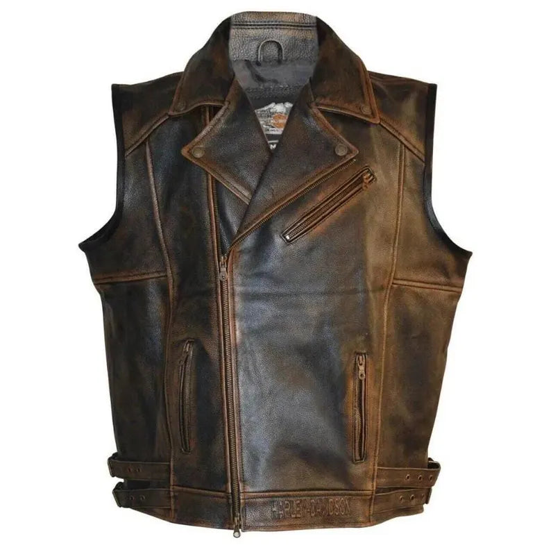 Harley-Davidson Men’s Knuckle Distressed Biker Leather Vest – Genuine Brown Cowhide