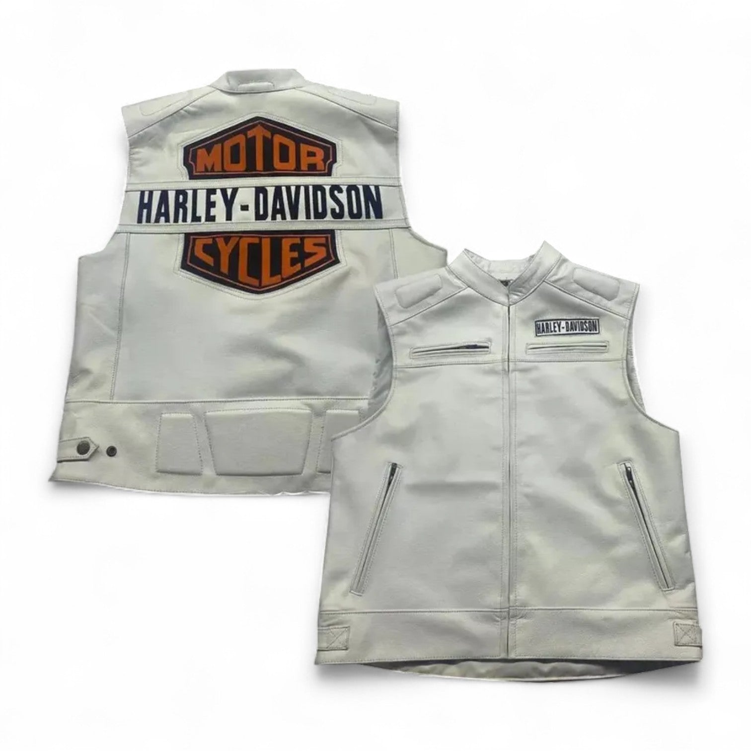 Harley-Davidson Men’s White Leather Biker Vest – Genuine Cowhide with Iconic Embroidery