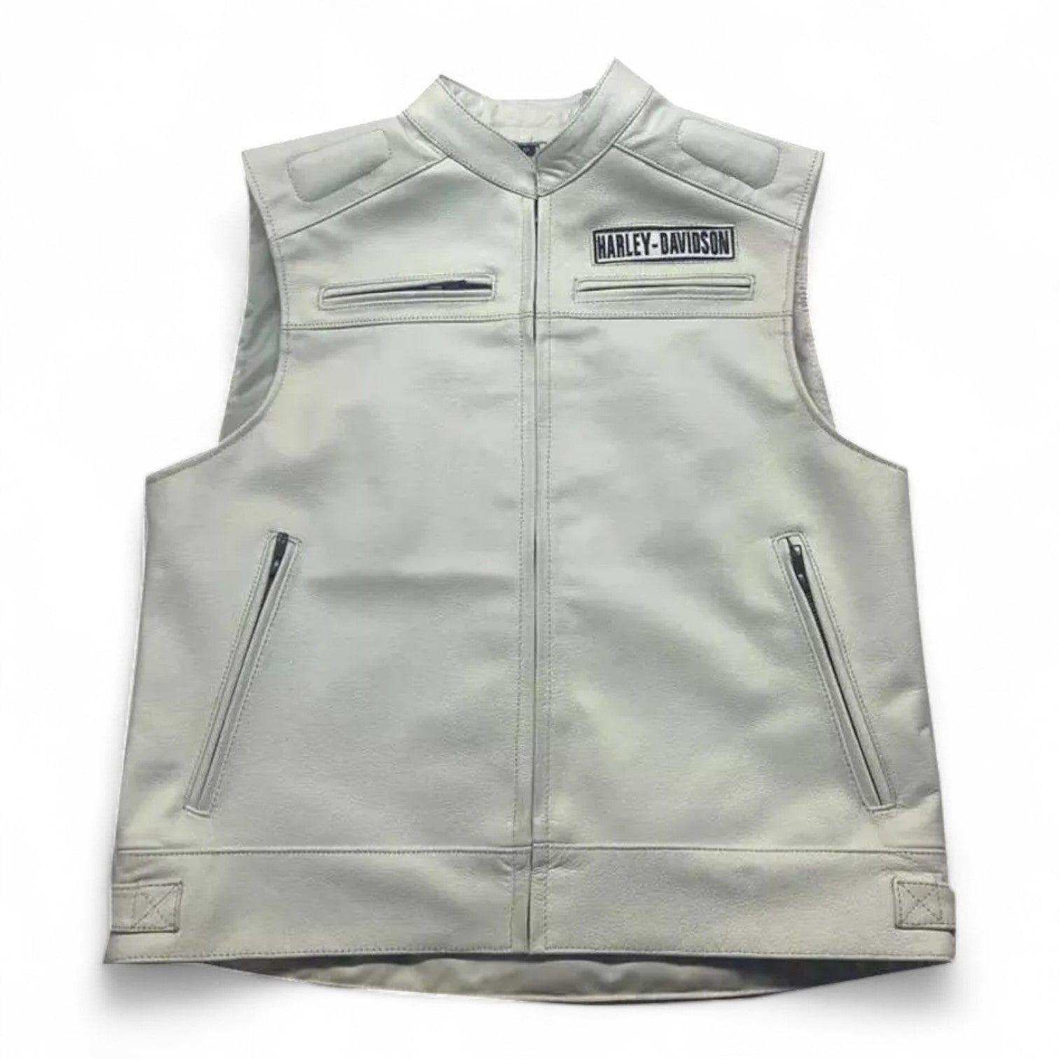 Harley-Davidson Men’s White Leather Biker Vest – Genuine Cowhide with Iconic Embroidery