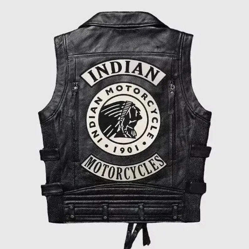 Indian Men’s Black Leather Biker Vest – Reflective Cowhide Riding Style