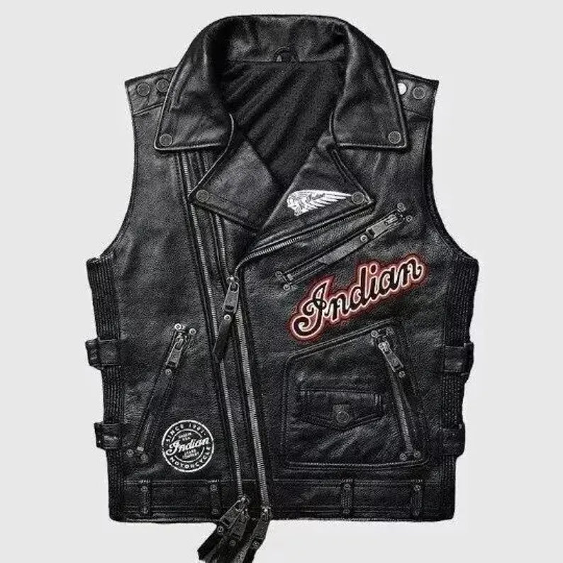 Indian Men’s Black Leather Biker Vest – Reflective Cowhide Riding Style