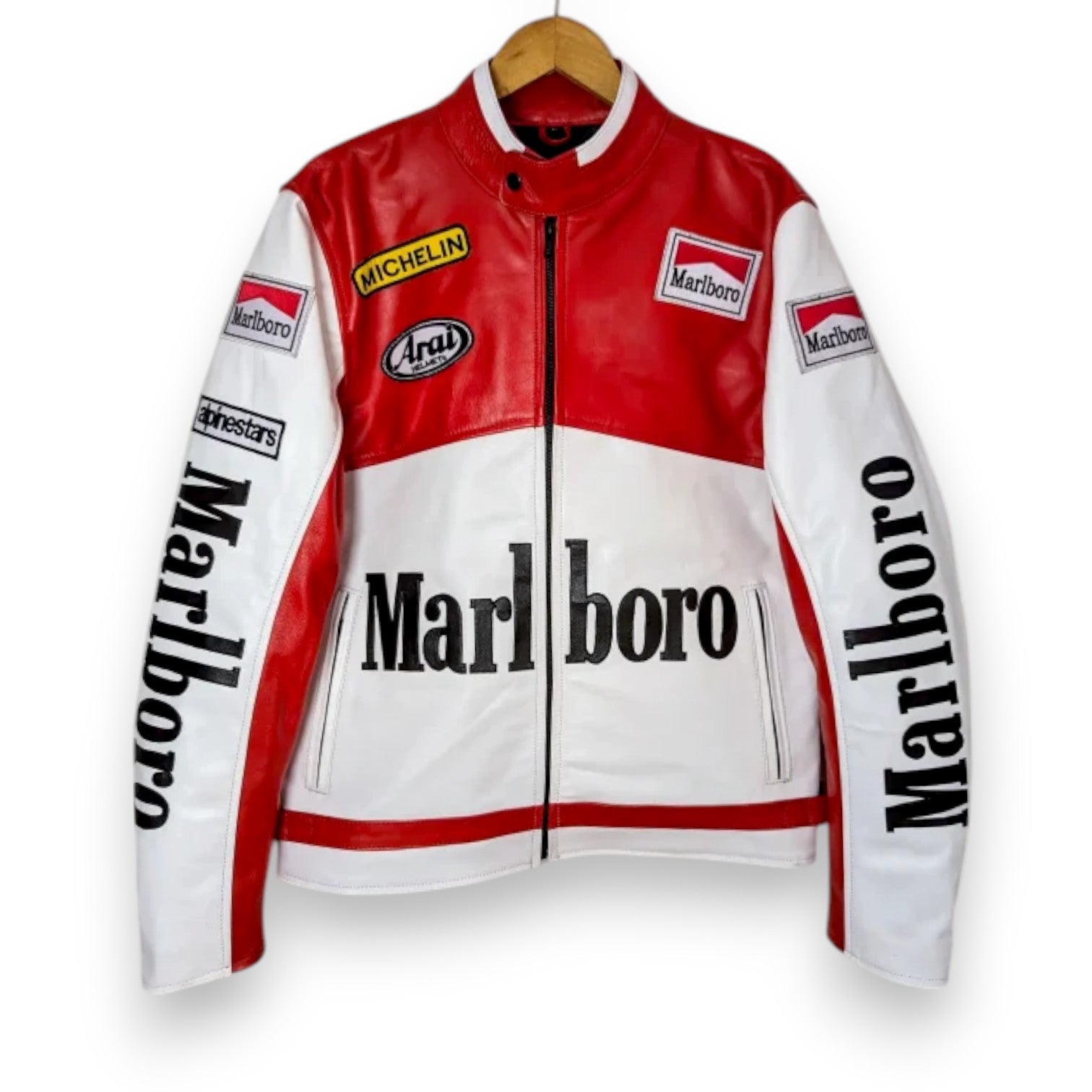 Vintage Marlboro Red & White Racing Leather Jacket – Rare 90s Motorsport Streetwear Style
