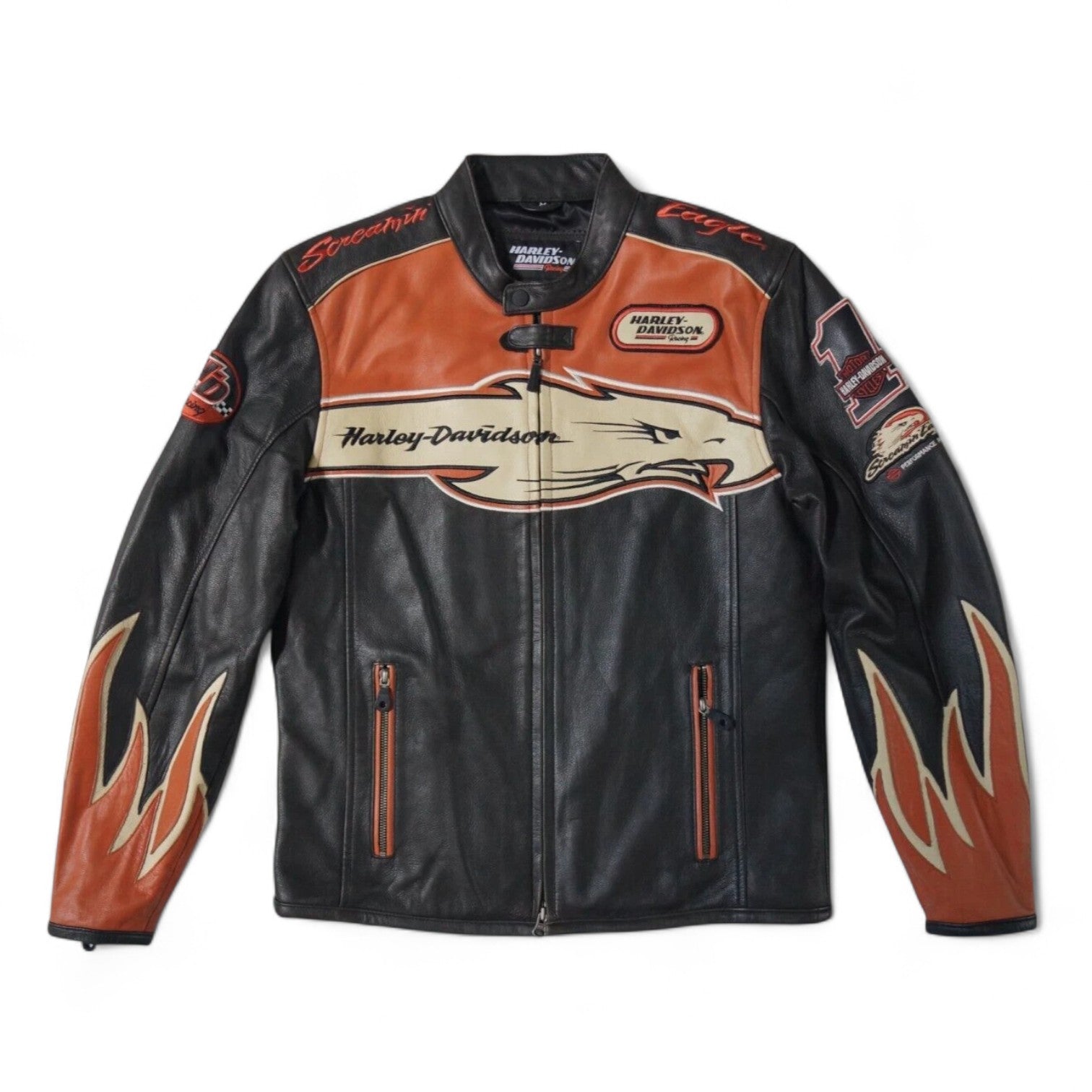 Harley-Davidson Orange Screamin’ Eagle Leather Jacket – 100% Real Cowhide with Triple Vent System