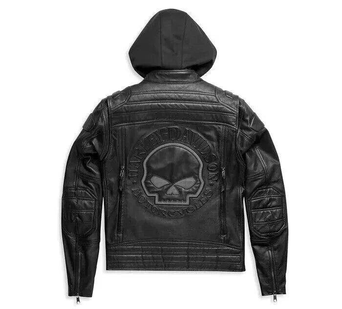 Harley-Davidson Men’s Black Auroral II 3-in-1 Leather Jacket – Convertible Cowhide with Removable Hoodie