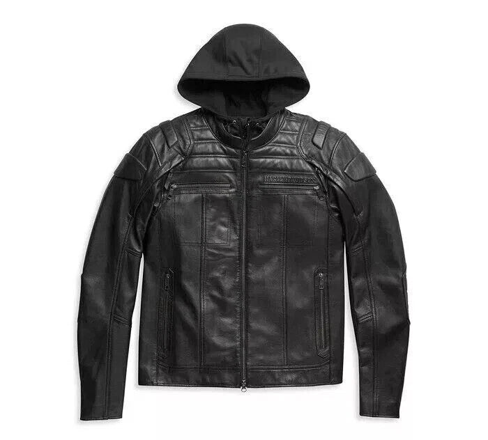 Harley-Davidson Men’s Black Auroral II 3-in-1 Leather Jacket – Convertible Cowhide with Removable Hoodie